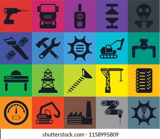 Set Of 20 icons such as Machinery, Drilling machine, Factory, Digger, Gauge, Gas mask, Planning, Screw, Saw, Tools, Excavator, Drill, Pump, Switch, transparency icon pack, pixel perfect