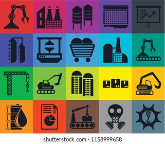 Set Of 20 icons such as Machinery, Gas mask, Conveyor, Plan, Oil, Planning, Digger, Silo, Crane, Machine press, Factory, Industrial robot, transparency icon pack, pixel perfect