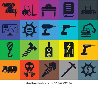 Set Of 20 icons such as Machinery, Pick, Sanding machine, Gas mask, Tank truck, Conveyor, Drill, Switch, Crane, Options, Robot arm, Digger, Saw, transparency icon pack, pixel perfect