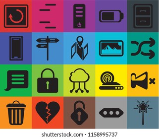 Set Of 20 icons such as Magic wand, More, Unlocked, Dislike, Garbage, Archive, Mute, Cloud computing, Notification, Street, Photos, Restart, Shuffle, Server, transparency icon pack, pixel perfect