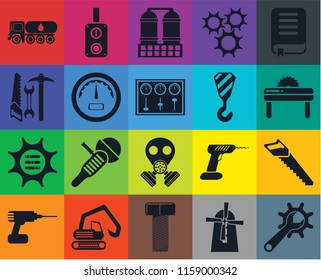 Set Of 20 icons such as Maintenance, Mill, Bolt, Digger, Drill, Book, Saw, Gas mask, Options, Gauge, Crane, Tank truck, Refinery, transparency icon pack, pixel perfect