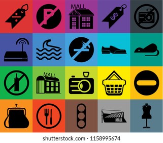 Set Of 20 icons such as Mannequin, Mall, Traffic light, Restaurant, Purse, No camera, Forbidden, Camera, alcohol, Wave, Shoes, Discount, Rats, transparency icon pack, pixel perfect