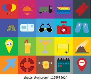 Set Of 20 icons such as Map, Calendar, Towel, Lifebuoy, Plane, Tickets, Mountains, Cocktail, Gps, Postcards, Photography, Balloon, Flip flops, Trailer, transparency icon pack, pixel perfect