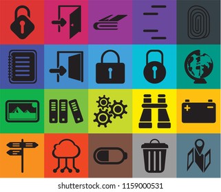 Set Of 20 icons such as Map, Garbage, Battery, Cloud computing, Street, Fingerprint, Settings, Photos, Exit, Locked, Unlocked, Worldwide, Notebook, transparency icon pack, pixel perfect
