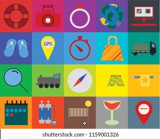 Set Of 20 icons such as Map, Cocktail, Beach volleyball, Oxygen tank, Calendar, Booking, Towel, Compass, Search, Gps, Bag, Lifebuoy, Trailer, Ring, transparency icon pack, pixel perfect