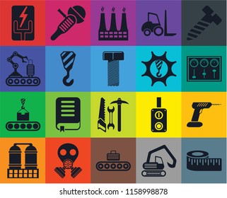 Set Of 20 icons such as Measure, Digger, Conveyor, Gas mask, Refinery, Bolt, Drill, Tools, Crane, Machinery, Electricity, Control panel, Factory, transparency icon pack, pixel perfect