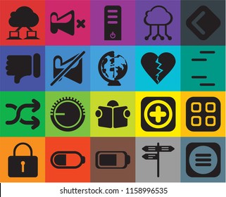 Set Of 20 icons such as Menu, Street, Battery, Locked, Back, Reading, Shuffle, Muted, Dislike, Cloud computing, Lines, Server, transparency icon pack, pixel perfect