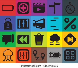 Set Of 20 icons such as Menu, Switch, Placeholders, Controls, Cloud computing, Compass, Skip, Trash, Dislike, Lines, Battery, Percent, Video player, transparency icon pack, pixel perfect