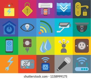 Set Of 20 icons such as Modem, Microphone, Socket, Thermostat, Power, Handle, Plug, Water, Remote, Smart, Cctv, Home, Security camera, Air conditioner, transparency icon pack, pixel perfect