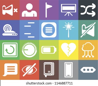 Set Of 20 icons such as More, Smartphone, Notebook, Hide, Notification, Shuffle, Cloud computing, Battery, Restart, Lines, Magic wand, Mute, Muted, Flag, web UI editable icon pack, pixel perfect