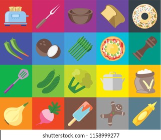 Set Of 20 icons such as Mustard, Gingerbread, Ice cream, Radish, Onion, Doughnut, Flour, Cauliflower, Spatula, Coconut, Pizza, Toaster, Pepper, Bowl, transparency icon pack, pixel perfect