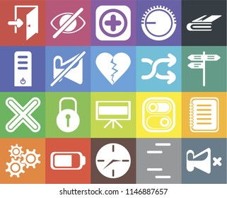 Set Of 20 icons such as Mute, Lines, Clock, Battery, Settings, Notebook, Note, Television, Multiply, Muted, Shuffle, Exit, Street, Add, web UI editable icon pack, pixel perfect