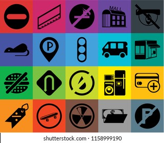 Set Of 20 icons such as No parking, Wallet, Radiation, Skateboard, Discount, Hidden, Cit card, water, fast food, Parking, Bus, Forbidden, Store, smoking, transparency icon pack, pixel perfect
