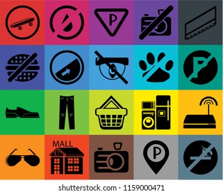 Set Of 20 icons such as No smoking, Parking, Camera, Mall, Glasses, Stairs, Wifi, Shopping basket, Shoes, Slope, pets, Skateboard, parking, transparency icon pack, pixel perfect