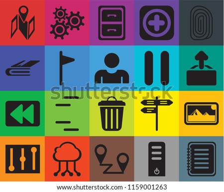 Set Of 20 icons such as Note, Server, Placeholders, Cloud computing, Controls, Fingerprint, Photos, Garbage, Rewind, Flag, Pause, Map, Upload, Archive, transparency icon pack, pixel perfect
