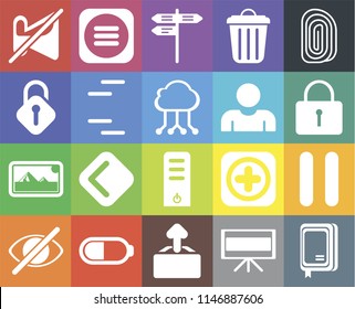 Set Of 20 icons such as Notebook, Television, Upload, Battery, Hide, Fingerprint, Pause, Server, Photos, Lines, User, Muted, Locked, Street, web UI editable icon pack, pixel perfect