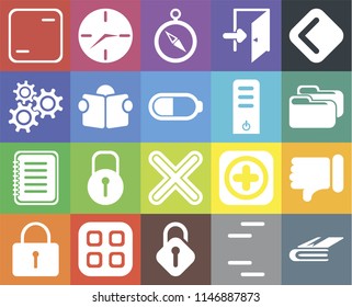 Set Of 20 icons such as Notebook, Lines, Unlocked, Menu, Locked, Back, Dislike, Multiply, Note, Reading, Server, Frame, Folder, Compass, web UI editable icon pack, pixel perfect