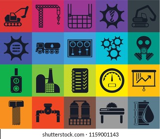 Set Of 20 icons such as Oil, Saw, Refinery, Pump, Bolt, Digger, Planning, Switch, Tank truck, Cogwheel, Excavator, Gas mask, Elevator, transparency icon pack, pixel perfect