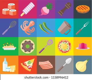 Set Of 20 icons such as Onion, Spoon, Bacon, Pizza, Dairy, Pie, Jelly, Spatula, Risotto, Octopus, Mug, Sushi, Fork, Radish, transparency icon pack, pixel perfect