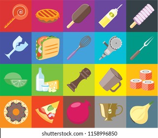 Set Of 20 icons such as Onion, Tea, Pomegranate, Pizza, Doughnut, Ice cream, Sushi, Pepper, Lime, Taco, Grinder, Jawbreaker, Fork, transparency icon pack, pixel perfect