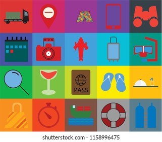 Set Of 20 icons such as Oxygen, Lifebuoy, Ship, Time, Bag, Binoculars, Room service, Passport, Search, Photography, Suitcases, Trailer, Snorkel, Swimsuit, transparency icon pack, pixel perfect