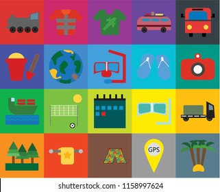 Set Of 20 icons such as Palm tree, Gps, Swimsuit, Towel, Forest, Bus, Trailer, Calendar, Ship, Globe, Flip flops, Railway, Camera, Shirt, transparency icon pack, pixel perfect