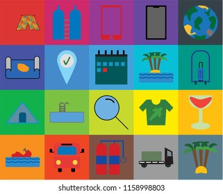 Set Of 20 icons such as Palm tree, Trailer, Aqualung, Bus, Water craft, Globe, Cocktail, Search, Tent, Check in, Island, Swimsuit, Bellhop, Phone, transparency icon pack, pixel perfect