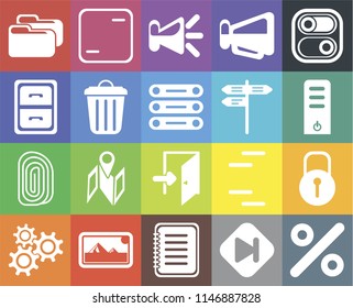 Set Of 20 icons such as Percent, Skip, Note, Photos, Settings, Switch, Locked, Exit, Fingerprint, Garbage, Street, Folder, Server, Speaker, web UI editable icon pack, pixel perfect