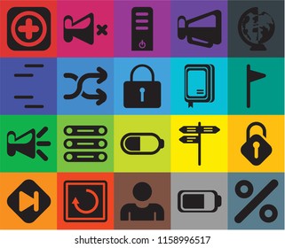 Set Of 20 icons such as Percent, Battery, User, Restart, Skip, Worldwide, Unlocked, Speaker, Shuffle, Notebook, Add, Flag, Server, transparency icon pack, pixel perfect