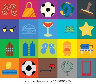 Set Of 20 icons such as Phone, Globe, Sunbed, Ball, Parasailing, Stamp, Check out, Flip flops, Hotel, Igloo, Swimsuit, Starfish, transparency icon pack, pixel perfect