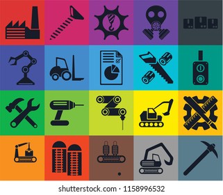 Set Of 20 icons such as Pick, Digger, Conveyor, Silo, Packages, Planning, Drilling machine, Tools, Forklift, Wood cutting, Factory, Switch, Machinery, transparency icon pack, pixel perfect