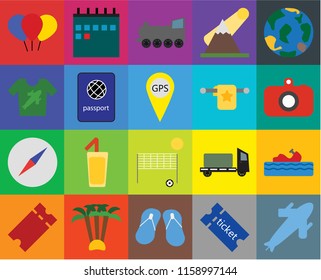 Set Of 20 icons such as Plane, Tickets, Flip flops, Palm tree, Globe, Water craft, Beach volleyball, Compass, Passport, Towel, Balloon, Camera, Railway, transparency icon pack, pixel perfect