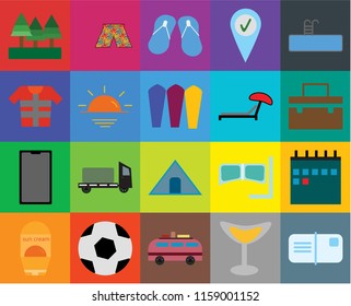 Set Of 20 icons such as Postcards, Cocktail, Minivan, Ball, Sun protection, Swimming pool, Calendar, Tent, Phone, Sunset, Sunbed, Forest, Suitcase, Flip flops, transparency icon pack, pixel perfect