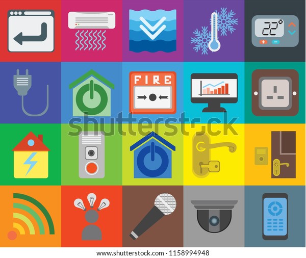 Set Of\
20 icons such as Remote, Security camera, Microphone, Smart, Wifi,\
Thermostat, Doorbell, Smart home, Home, Dashboard, Browser, Plug,\
Deep, transparency icon pack, pixel\
perfect