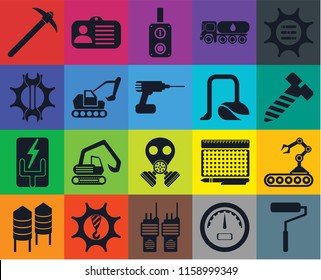 Set Of 20 icons such as Roller, Gauge, Walkie talkie, Machinery, Silo, Options, Conveyor, Gas mask, Electricity, Excavator, Vacuum, Pick, Bolt, Switch, transparency icon pack, pixel perfect