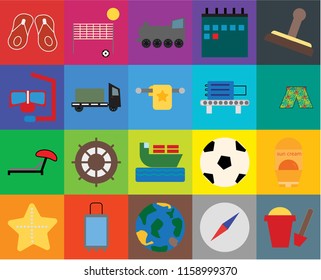 Set Of 20 icons such as Sand bucket, Compass, Globe, Suitcases, Starfish, Stamp, Sun protection, Ship, Sunbed, Trailer, Check out, Flip flops, Swimsuit, Railway, transparency icon pack, pixel perfect