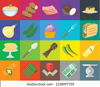 Set Of 20 icons such as Scale, Pickles, Butcher, Asparagus, Honey, Pancakes, Oil, Pepper, Cucumber, Fork, Pasta, Taco, Bacon, transparency icon pack, pixel perfect