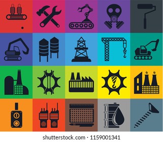 Set Of 20 icons such as Screw, Oil, print, Walkie talkie, Switch, Roller, Factory, Silo, Crane, Conveyor, Excavator, transparency icon pack, pixel perfect