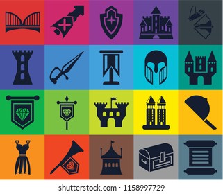 Set Of 20 icons such as Scroll, Chest, Tent, Fanfare, Gown, Crossbow, Hat, Castle, Standard, Dagger, Armour, Bridge, Shield, transparency icon pack, pixel perfect