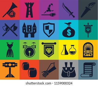 Set Of 20 icons such as Scroll, Belt pouch, Gauntlet, Beer, Pillory, Torch, Stained glass window, Standard, Gown, Castle, Money bag, Fanfare, Banner, Witch, transparency icon pack, pixel perfect