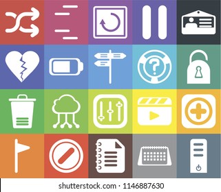 Set Of 20 icons such as Server, Calendar, Notepad, Forbidden, Flag, Id card, Add, Controls, Trash, Battery, Help, Shuffle, Locked, Restart, web UI editable icon pack, pixel perfect