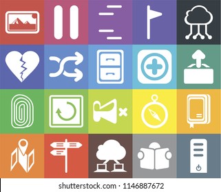 Set Of 20 icons such as Server, Reading, Cloud computing, Street, Map, Notebook, Mute, Fingerprint, Shuffle, Add, Photos, Upload, Lines, web UI editable icon pack, pixel perfect
