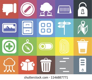 Set Of 20 icons such as Server, Lines, Garbage, Reading, Cloud computing, Locked, Trash, Switch, Add, Archive, Street, Dislike, Map, web UI editable icon pack, pixel perfect