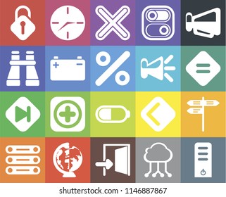 Set Of 20 icons such as Server, Cloud computing, Exit, Worldwide, Database, Megaphone, Street, Battery, Skip, Speaker, Unlocked, Equal, Multiply, web UI editable icon pack, pixel perfect