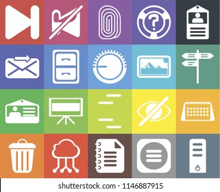 Set Of 20 icons such as Server, Menu, Notepad, Cloud computing, Garbage, Id card, Calendar, Lines, Archive, Photos, Next, Street, Fingerprint, web UI editable icon pack, pixel perfect