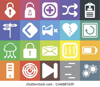 Set Of 20 icons such as Settings, Lines, Next, Radar, Server, Id card, Battery, Send, Cloud computing, Back, Dislike, Unlocked, Restart, Add, web UI editable icon pack, pixel perfect