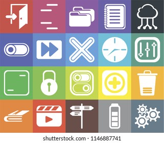 Set Of 20 icons such as Settings, Battery, Street, Video player, Notebook, Cloud computing, Trash, Switch, Frame, Fast forward, Clock, Exit, Controls, Folder, web UI editable icon pack, pixel perfect