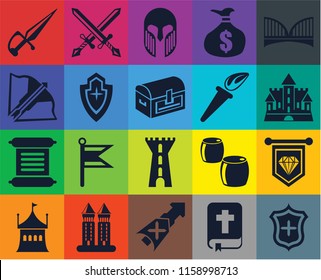 Set Of 20 icons such as Shield, Bible, Lance, Tower, Tent, Bridge, Standard, Scroll, Torch, Dagger, Castle, Armour, transparency icon pack, pixel perfect