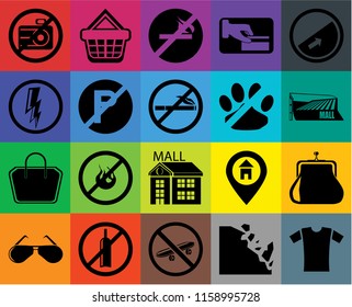 Set Of 20 icons such as Shirt, Falling rocks, Skateboard, No alcohol, Glasses, Slope, Purse, Mall, Tote bag, parking, pets, camera, smoking, transparency icon pack, pixel perfect