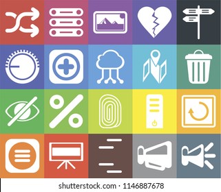 Set Of 20 icons such as Speaker, Megaphone, Lines, Television, Menu, Street, Restart, Fingerprint, Hide, Add, Map, Shuffle, Garbage, Photos, web UI editable icon pack, pixel perfect